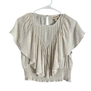 Open Edit Nordstrom Flutter Sleeve Ruffle Crop Blouse Top Cream Blue Size M